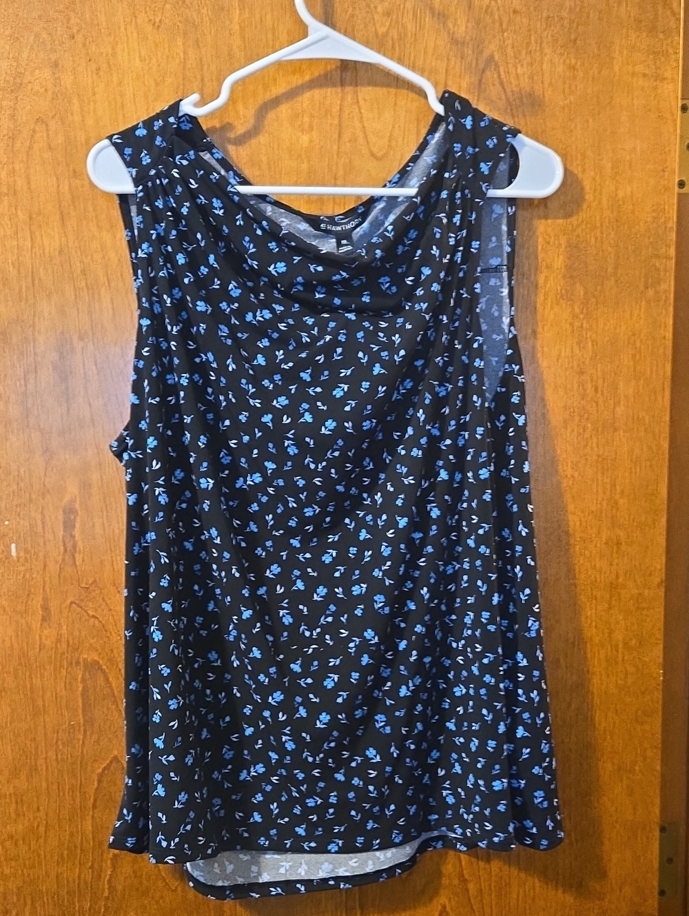 Stitch Fix 41 Hawthorn Black Sleeveless Cowl Neck Tank with Blue Floral Print